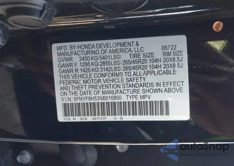 2022 Honda Passport Awd Ex-L z USA, uszkodzony, nr VIN 5FNYF8H53NB016850